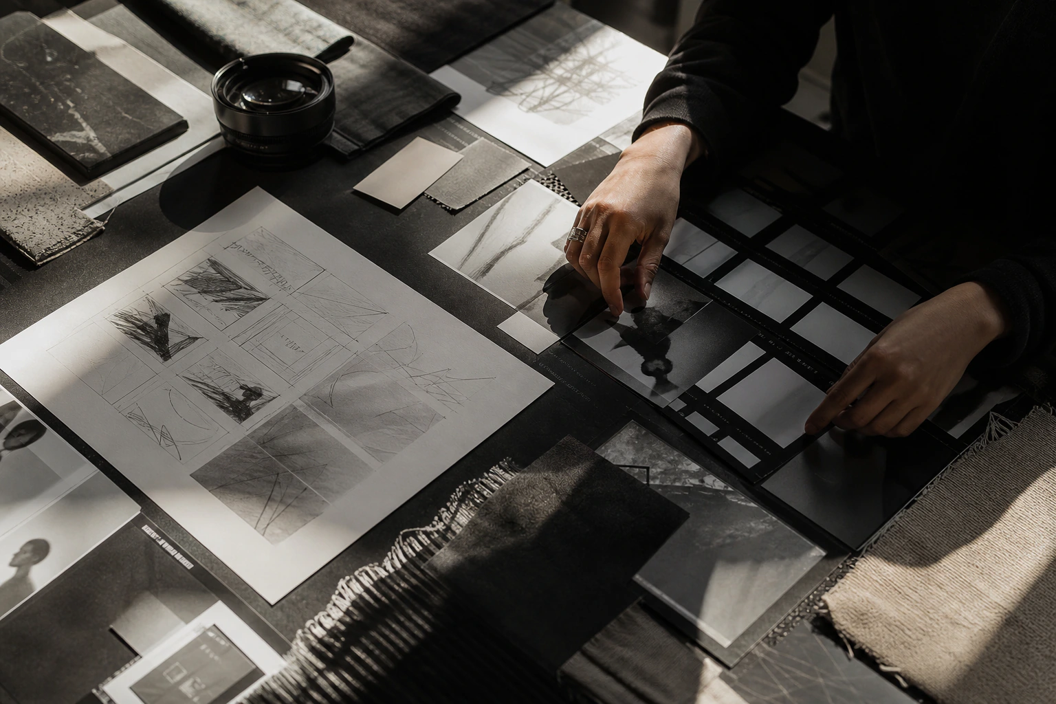 A creative worktable with photography, fabric, sketches and visual references