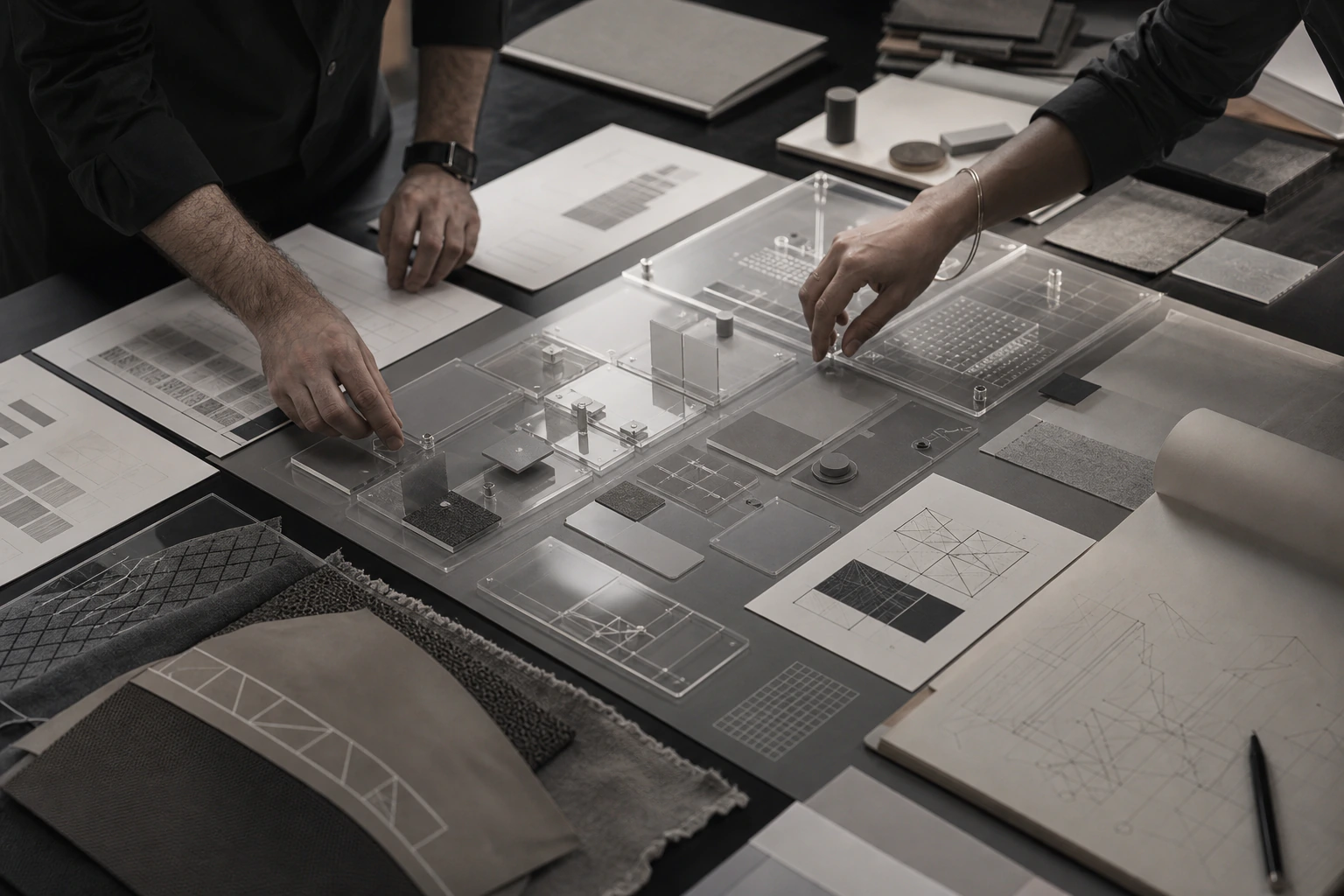 Designers arranging a modular system of physical interface components